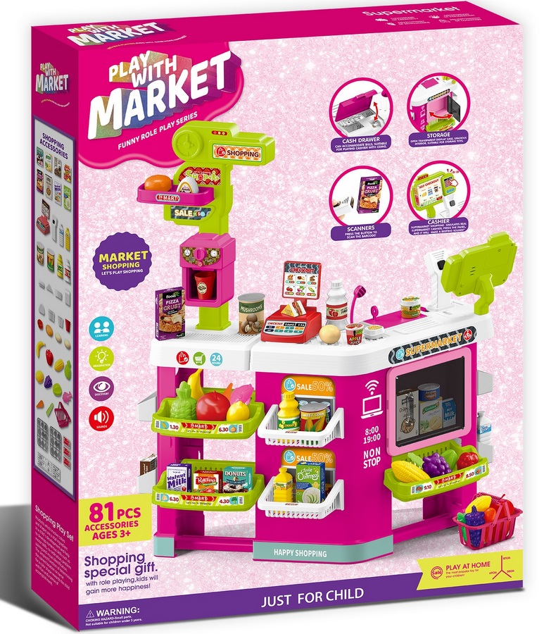 Супермаркет със Светлина и Звук с Работещ Касов Апарат, Чекмедже за Пари и Шкафче за Продукти 87×69×38 см Кутия 73×57×12 см